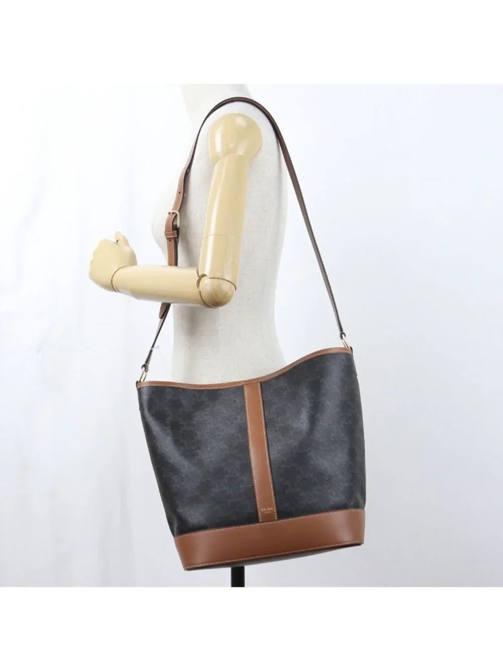 Celine Medium Bucket Triomphe Canvas Shoulder Bag Leather